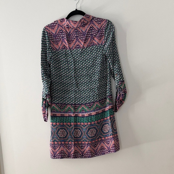 Anthropologie Green and Pink Patterned Long Sleeve Dress 100% Silk - Picture 5 of 7